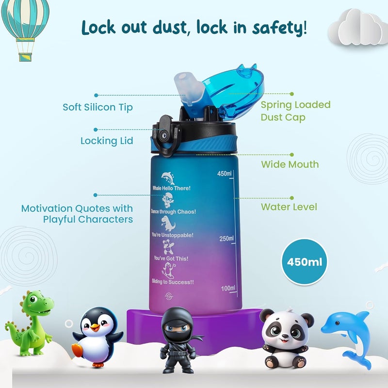 SOLARA Amazi Sipper Water Bottle for School Kids 500ml, Leakproof, Durable, BPA-Free Tritan with Motivational Time Marker, Perfect Kids Bottle for School, Home,Gifts & Outdoor, Blue Fuscia(2+ Years) - Image 3