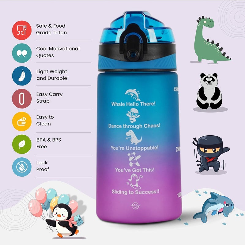 SOLARA Amazi Sipper Water Bottle for School Kids 500ml, Leakproof, Durable, BPA-Free Tritan with Motivational Time Marker, Perfect Kids Bottle for School, Home,Gifts & Outdoor, Blue Fuscia(2+ Years) - Image 2