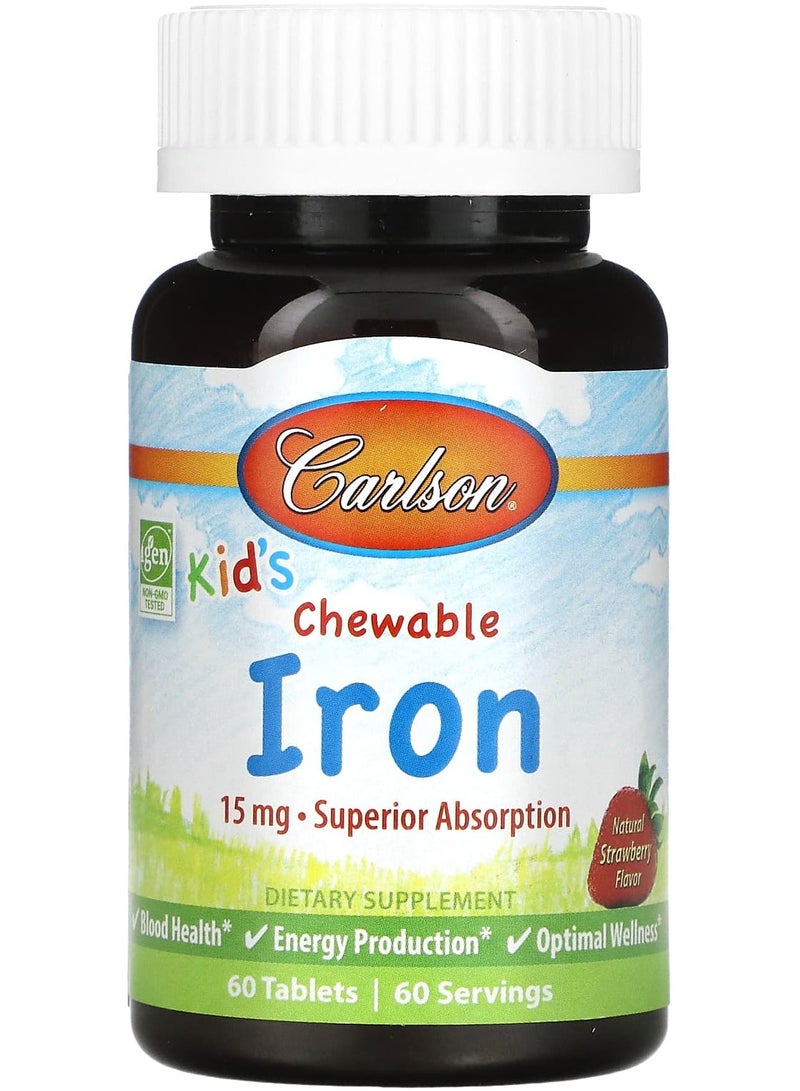 Carlson أقراص الحديد القابلة للمضغ للأطفال، بنكهة الفراولة الطبيعية، 15 ملجم، 60 قرصًا