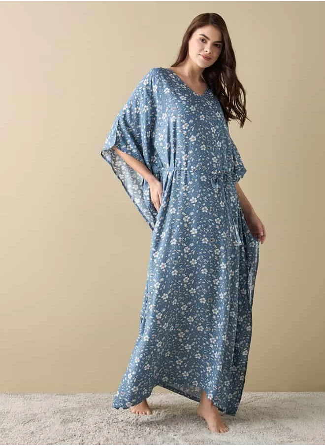 فاف All-Over Floral Print Kaftan Night Gown with Tie-Ups
