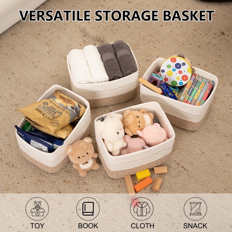 OIASKET 4 Pack Storage Baskets for Organizing, 13"X9"X7.87", Decorative Cotton Rope Baskets for Shelves, Small Woven Basket for Toys, Books and Towels, Brown & White - Image 2