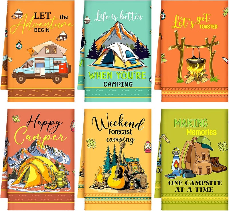 Boyiee Set of 6 Camping Kitchen Towels Absorbent Dishcloths Bonfire Tent Car Tea Towels 24 x 16 Inches with Funny Sayings Novelty Gifts for Campers Happy Camper Camping Accessories for Rv Campers - Image 1
