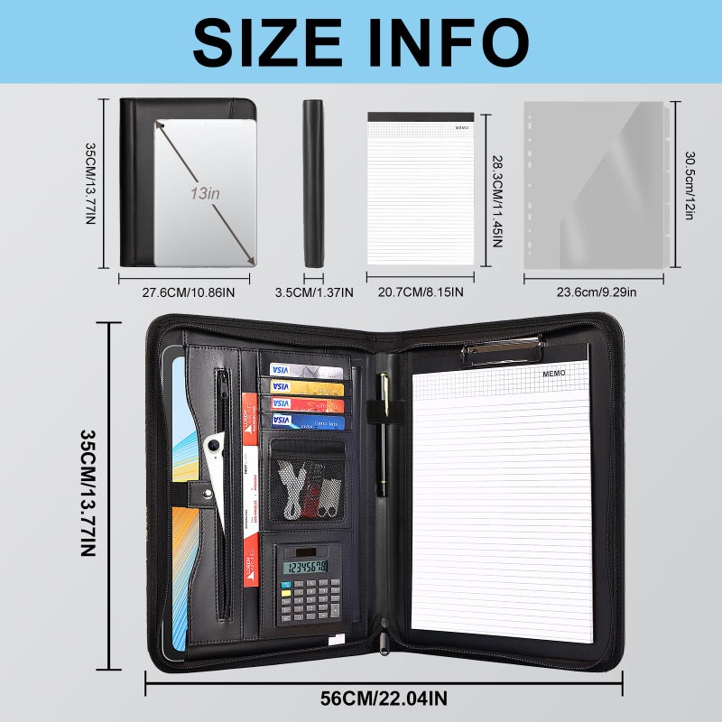 Eshow Leather Portfolio Professional Business Padfolio with Zipper - Interview Resume Notefolio Premium Legal Document Organizer with Card Holder, Writing Pad and File Folders for Men and Women - Image 2