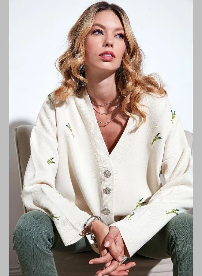 ليلا كارديجان ليلا نسائي محبوك بياقة على شكل حرف  بنقوشات وقصة واسعة