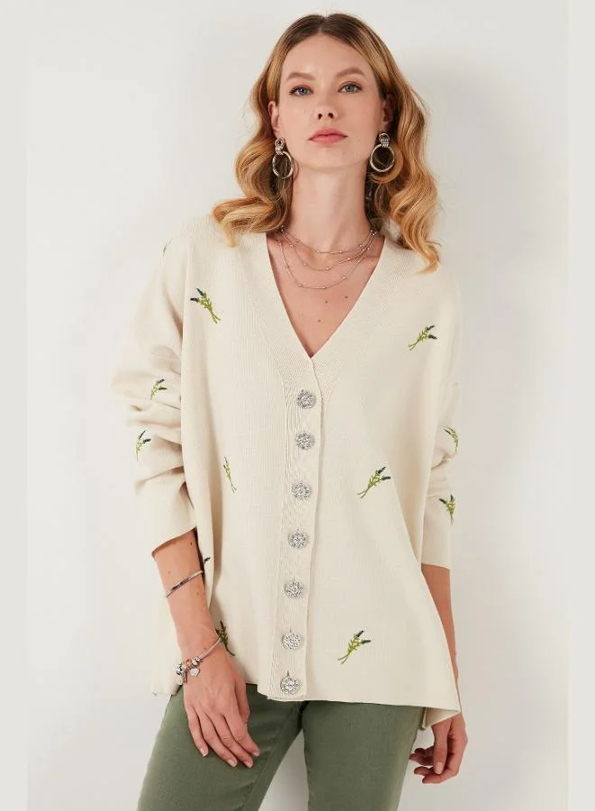 ليلا كارديجان ليلا نسائي محبوك بياقة على شكل حرف  بنقوشات وقصة واسعة