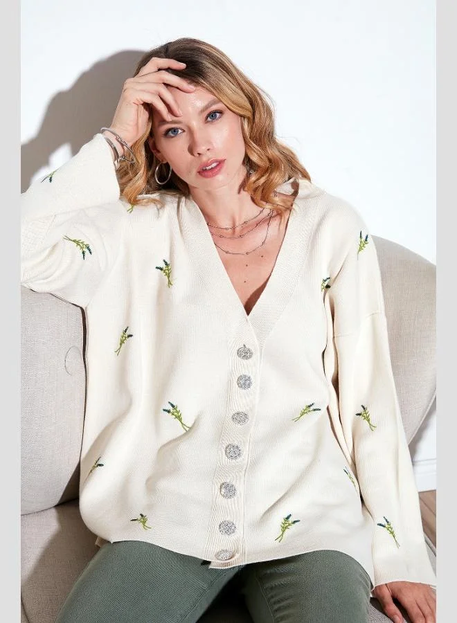 ليلا كارديجان ليلا نسائي محبوك بياقة على شكل حرف  بنقوشات وقصة واسعة