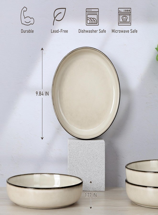 E-far Pasta Bowls Set of 4, 35oz Large Salad Bowls for Serving, Wide and Shallow Ceramic Plates for Kitchen, Double Reactive Glaze, Microwave and Dishwasher Safe, Sandy Beige - Image 2