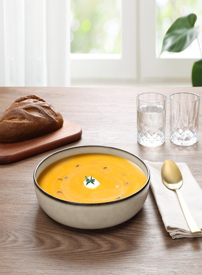 E-far Pasta Bowls Set of 4, 35oz Large Salad Bowls for Serving, Wide and Shallow Ceramic Plates for Kitchen, Double Reactive Glaze, Microwave and Dishwasher Safe, Sandy Beige - Image 5