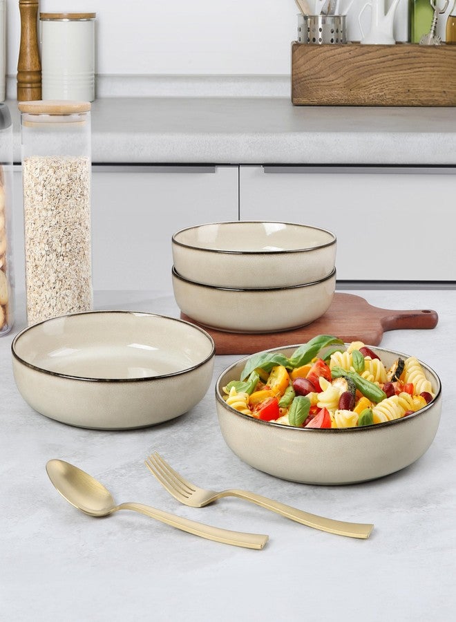 E-far Pasta Bowls Set of 4, 35oz Large Salad Bowls for Serving, Wide and Shallow Ceramic Plates for Kitchen, Double Reactive Glaze, Microwave and Dishwasher Safe, Sandy Beige - Image 3