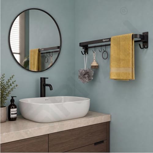 GRIVAN Stylish Stainless Steel 24 Inch Foldable Towel Rod/Shelf/Stand for Bathroom, Towel Holder with Hooks and Hanger (Black Matte Finish) - Image 3