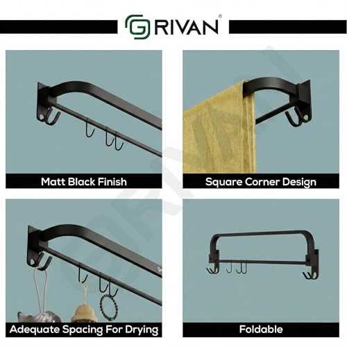 GRIVAN Stylish Stainless Steel 24 Inch Foldable Towel Rod/Shelf/Stand for Bathroom, Towel Holder with Hooks and Hanger (Black Matte Finish) - Image 5