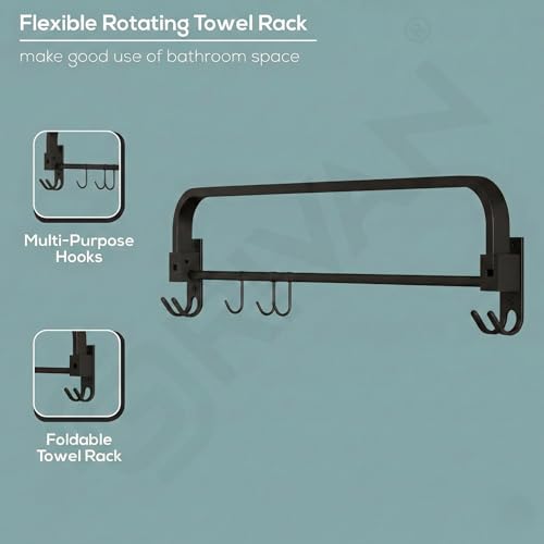 GRIVAN Stylish Stainless Steel 24 Inch Foldable Towel Rod/Shelf/Stand for Bathroom, Towel Holder with Hooks and Hanger (Black Matte Finish) - Image 4