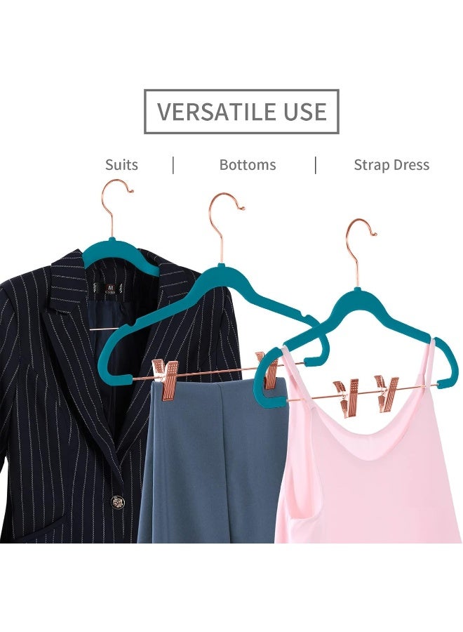 MIZGI Premium Velvet Pants Hangers with Clips (Pack of 20) Slim Skirt Hangers- Non Slip Felt Outfit Dress Hangers Teal - Copper/Rose Gold Hooks, Space Saving Shirt Clothes Hangers - Image 4