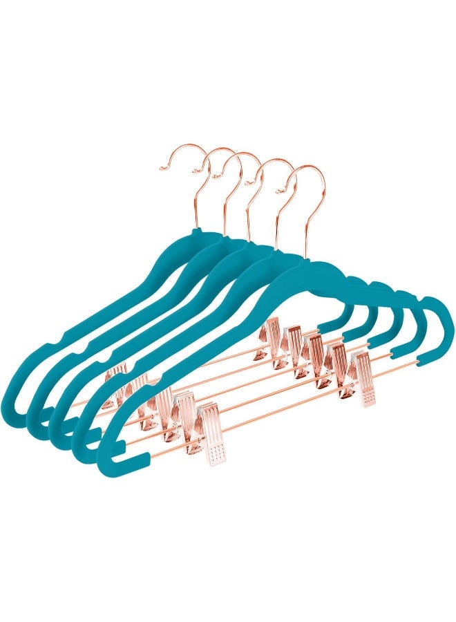 MIZGI Premium Velvet Pants Hangers with Clips (Pack of 20) Slim Skirt Hangers- Non Slip Felt Outfit Dress Hangers Teal - Copper/Rose Gold Hooks, Space Saving Shirt Clothes Hangers - Image 1