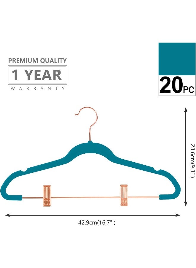 MIZGI Premium Velvet Pants Hangers with Clips (Pack of 20) Slim Skirt Hangers- Non Slip Felt Outfit Dress Hangers Teal - Copper/Rose Gold Hooks, Space Saving Shirt Clothes Hangers - Image 2