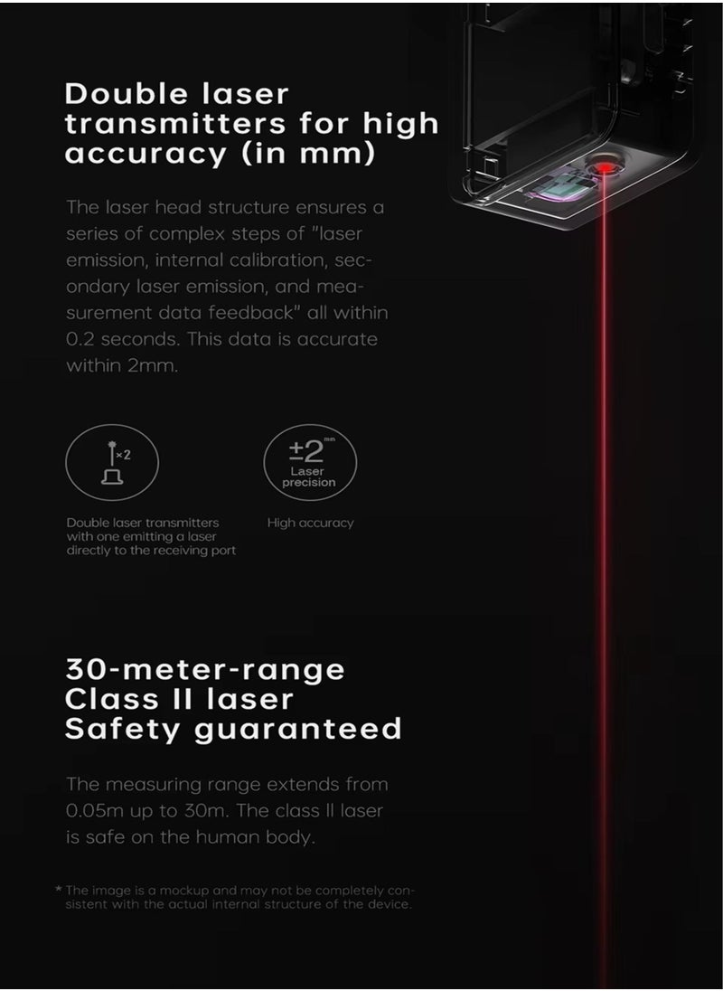 HOTO - Smart Laser Distance Measure – 98ft (30m) Range, ±1/16" High Precision, Smart Bluetooth Sync with Mi Home App, OLED Display, USB-C Rechargeable, Ultra-Lightweight & Compact, Auto Shutdown, Multiple Unit Modes – Ideal for Home, Construction & DIY - Image 1