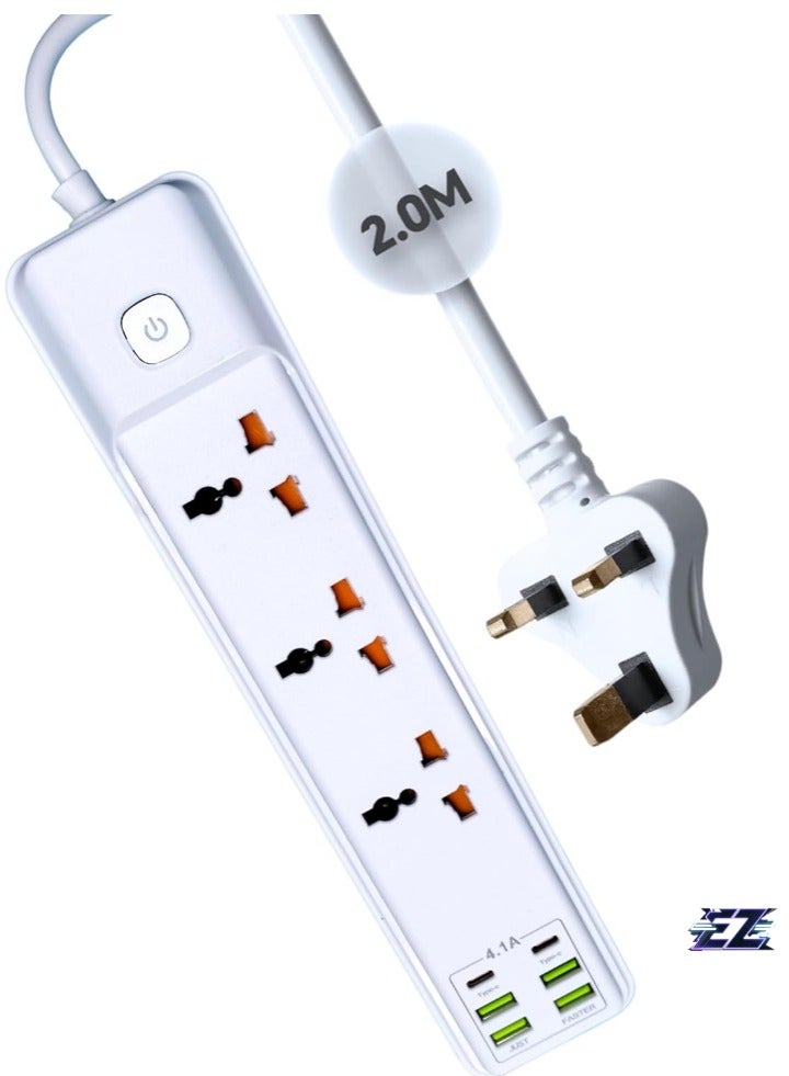 ELTRAZONE Extension Cord 2M with 3 Socket, 4 USB Ports & 2 Type-C Ports – UK 3 Pin Plug Power Extension Outlet for Home, Kitchen & Office (White)  - Image 1