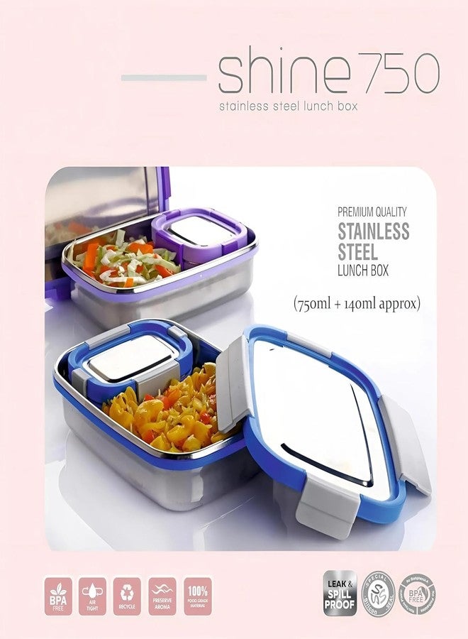 Gcrox Shine Stainless Steel Airtight Leak-Proof Lunch Box – 750ml + 140ml Small Container | 4-Side Lock & Seal Lid | Durable & Reusable Tiffin for Office, School, Picnic – Color May Vary - Image 3