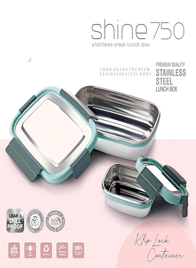 Gcrox Shine Stainless Steel Airtight Leak-Proof Lunch Box – 750ml + 140ml Small Container | 4-Side Lock & Seal Lid | Durable & Reusable Tiffin for Office, School, Picnic – Color May Vary - Image 4
