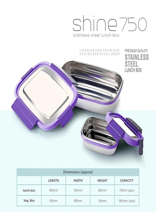 Gcrox Shine Stainless Steel Airtight Leak-Proof Lunch Box – 750ml + 140ml Small Container | 4-Side Lock & Seal Lid | Durable & Reusable Tiffin for Office, School, Picnic – Color May Vary - Image 2