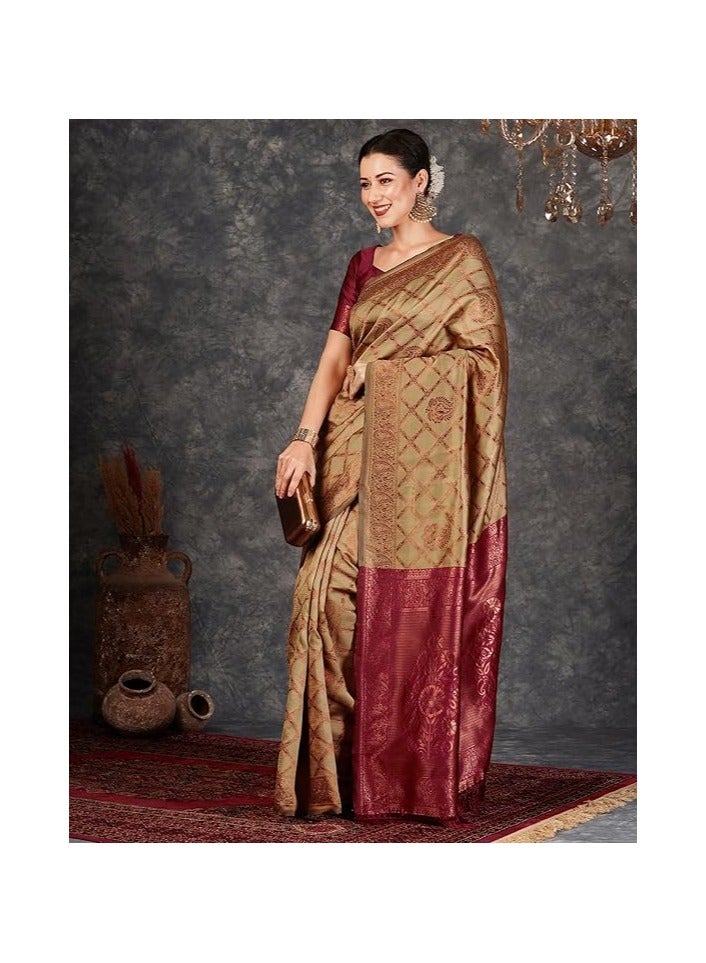 مملكة الإكسسوارات ساري كانجيفارام الناعم من قماش جاكار باناراسي النسائي مع قطعة بلوزة غير مخيطة - Image 3