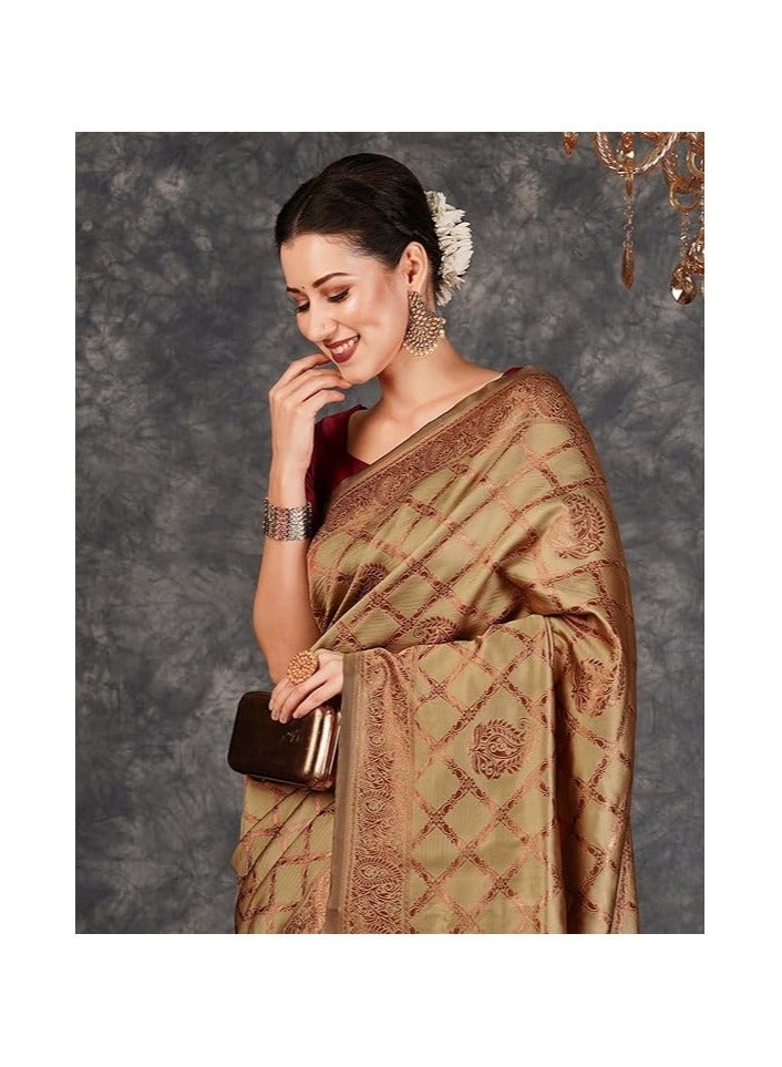 مملكة الإكسسوارات ساري كانجيفارام الناعم من قماش جاكار باناراسي النسائي مع قطعة بلوزة غير مخيطة - Image 4