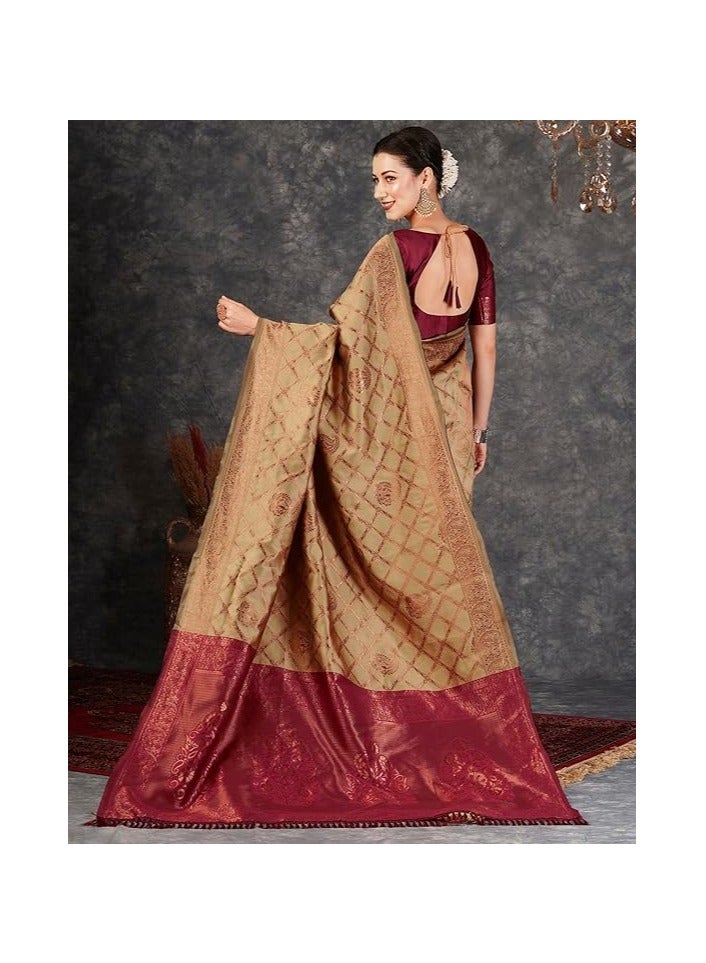 مملكة الإكسسوارات ساري كانجيفارام الناعم من قماش جاكار باناراسي النسائي مع قطعة بلوزة غير مخيطة - Image 2