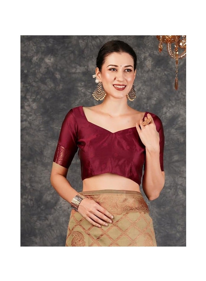 مملكة الإكسسوارات ساري كانجيفارام الناعم من قماش جاكار باناراسي النسائي مع قطعة بلوزة غير مخيطة - Image 5