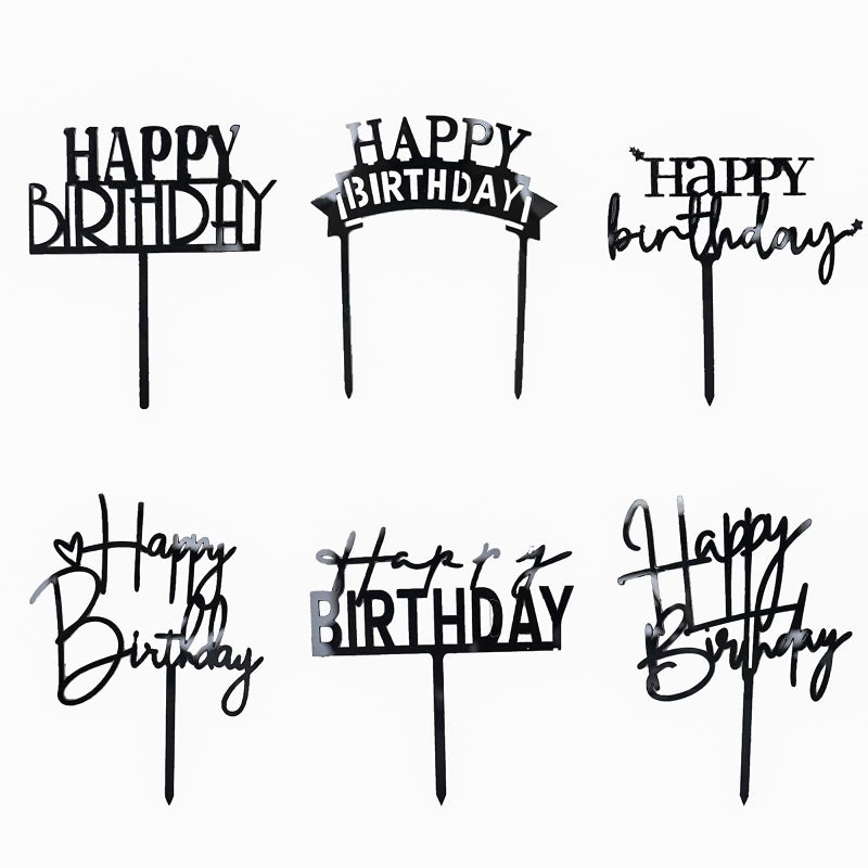 Hazyore Black Birthday Cake Topper, 6pcs Acrylic Birthday Cake Toppers Happy Birth Cake Toppers for Party Decorations - Image 1