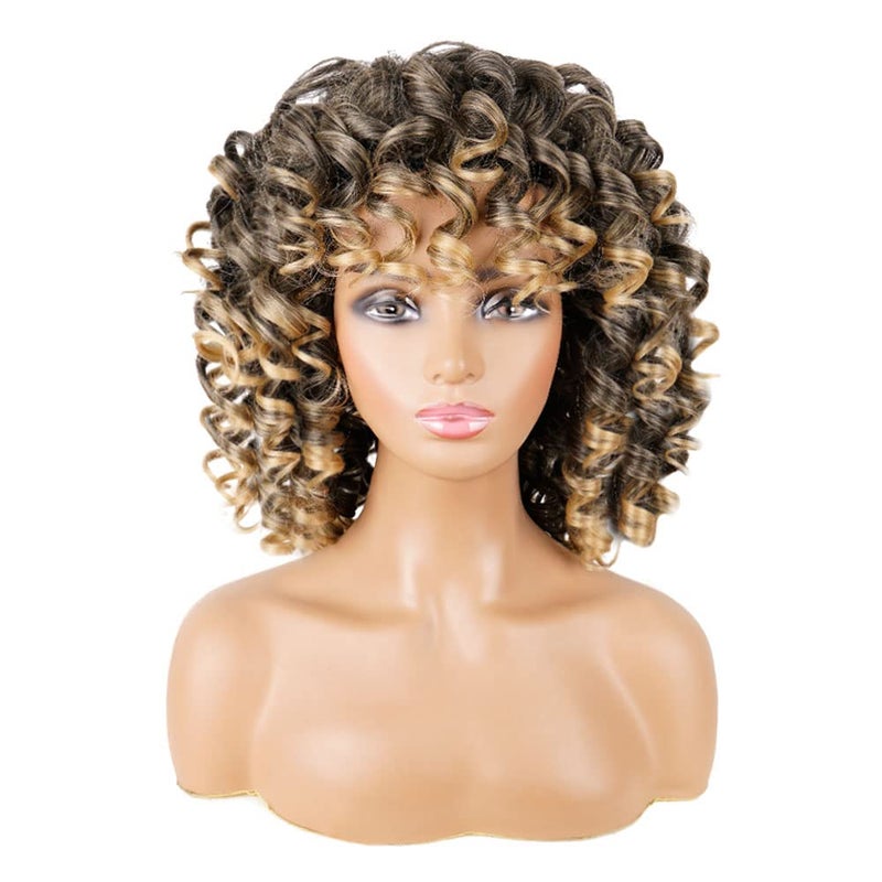 AIDUSA Short Loose Curly Wigs for Black Women Ombre Wig with Bangs Ombre Blonde Wigs for Women Curly Wig Afro Synthetic Soft Hair (#T27 Black to Dark Blonde) - Image 2