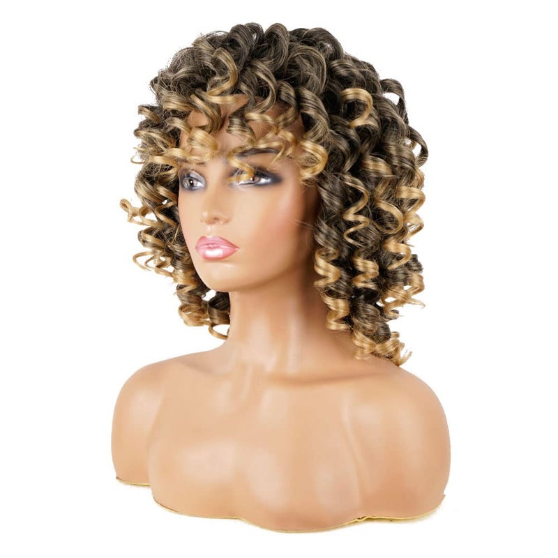 AIDUSA Short Loose Curly Wigs for Black Women Ombre Wig with Bangs Ombre Blonde Wigs for Women Curly Wig Afro Synthetic Soft Hair (#T27 Black to Dark Blonde) - Image 3