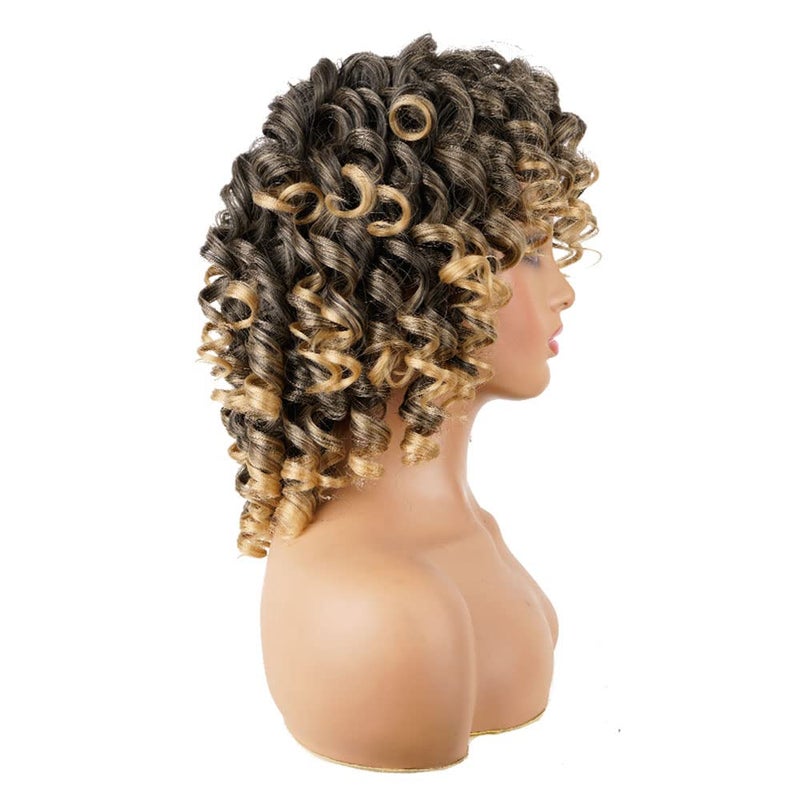 AIDUSA Short Loose Curly Wigs for Black Women Ombre Wig with Bangs Ombre Blonde Wigs for Women Curly Wig Afro Synthetic Soft Hair (#T27 Black to Dark Blonde) - Image 5