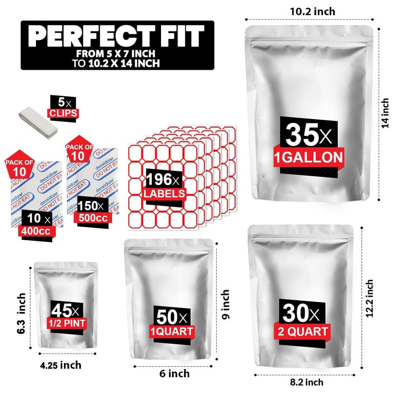 ROYLO GLOBE 160 Mylar Bags with 160 Oxygen Absorbers-196 Labels & Stand-Up Reusable 4 Sizes Airtight Resealable Bags For Long Term with 5 Clips-11 MIL Large Mylar Bags For Food Storage - Image 2