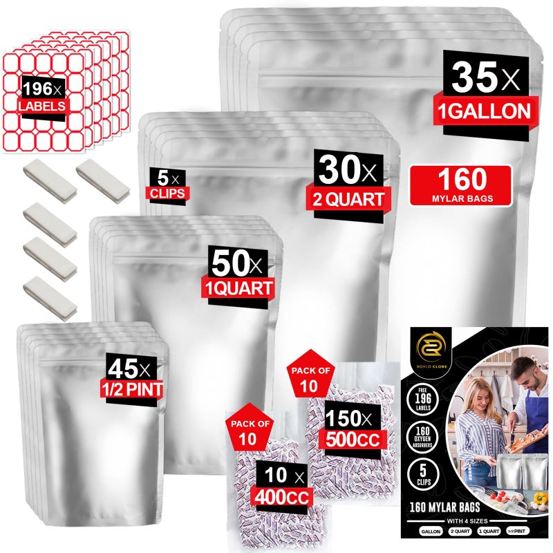 ROYLO GLOBE 160 Mylar Bags with 160 Oxygen Absorbers-196 Labels & Stand-Up Reusable 4 Sizes Airtight Resealable Bags For Long Term with 5 Clips-11 MIL Large Mylar Bags For Food Storage - Image 1