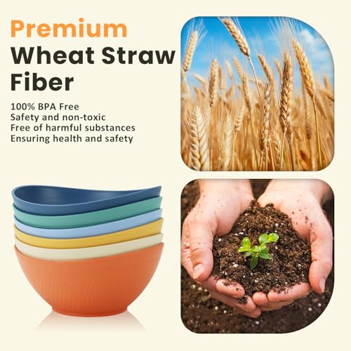 Homienly 60oz Wheat Straw Bowls Set of 6 Salad bowls Large Capacity Popcorn Bowl Unbreakable Serving Bowls Microwave & Dishwasher Safe Bowl Set Alternative for Plastic Bowls for Kitchen - Multi-colors - Image 3