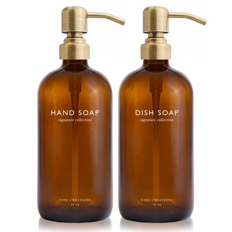 Vine Creations Amber Glass Soap Dispenser Set, Dish Soap and Hand Soap Dispenser Set with Stainless Steel Pump, 16 oz Glass Dispensers for Kitchen or Bathroom Decor (Amber Bottle/Brushed Brass Pump) - Image 1