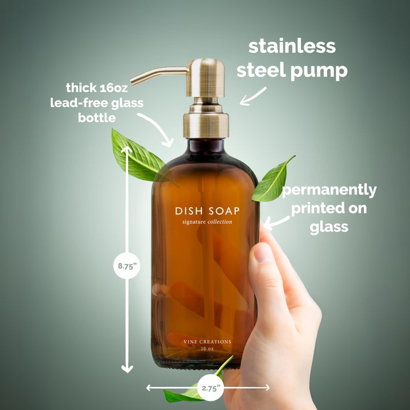Vine Creations Amber Glass Soap Dispenser Set, Dish Soap and Hand Soap Dispenser Set with Stainless Steel Pump, 16 oz Glass Dispensers for Kitchen or Bathroom Decor (Amber Bottle/Brushed Brass Pump) - Image 5