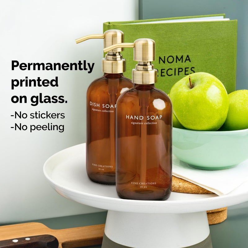 Vine Creations Amber Glass Soap Dispenser Set, Dish Soap and Hand Soap Dispenser Set with Stainless Steel Pump, 16 oz Glass Dispensers for Kitchen or Bathroom Decor (Amber Bottle/Brushed Brass Pump) - Image 3