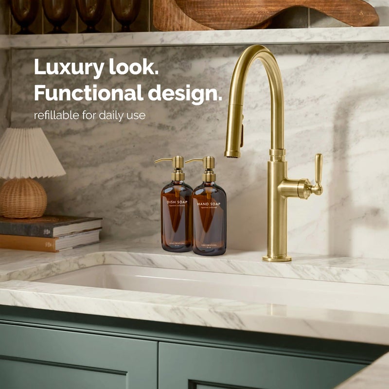Vine Creations Amber Glass Soap Dispenser Set, Dish Soap and Hand Soap Dispenser Set with Stainless Steel Pump, 16 oz Glass Dispensers for Kitchen or Bathroom Decor (Amber Bottle/Brushed Brass Pump) - Image 4