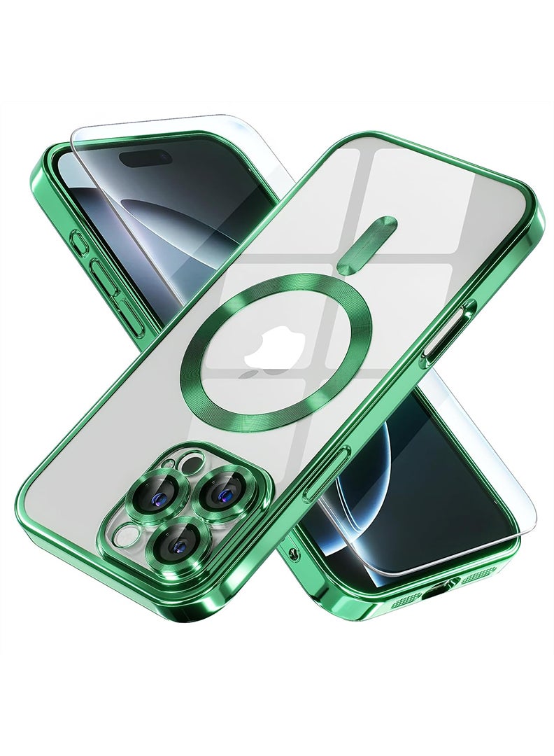 Theodor Magnetic Case for iPhone 16 Pro Max with MagSafe Military Grade Drop Protection Full Camera Lens Protector Plating Soft Clear Phone Case 6.9 inch - Green - Image 1