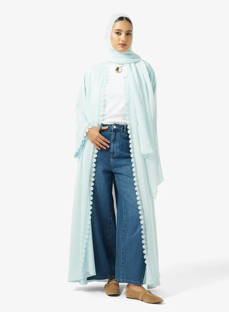 Floral Lace Detailed Open Front V Neck Abaya