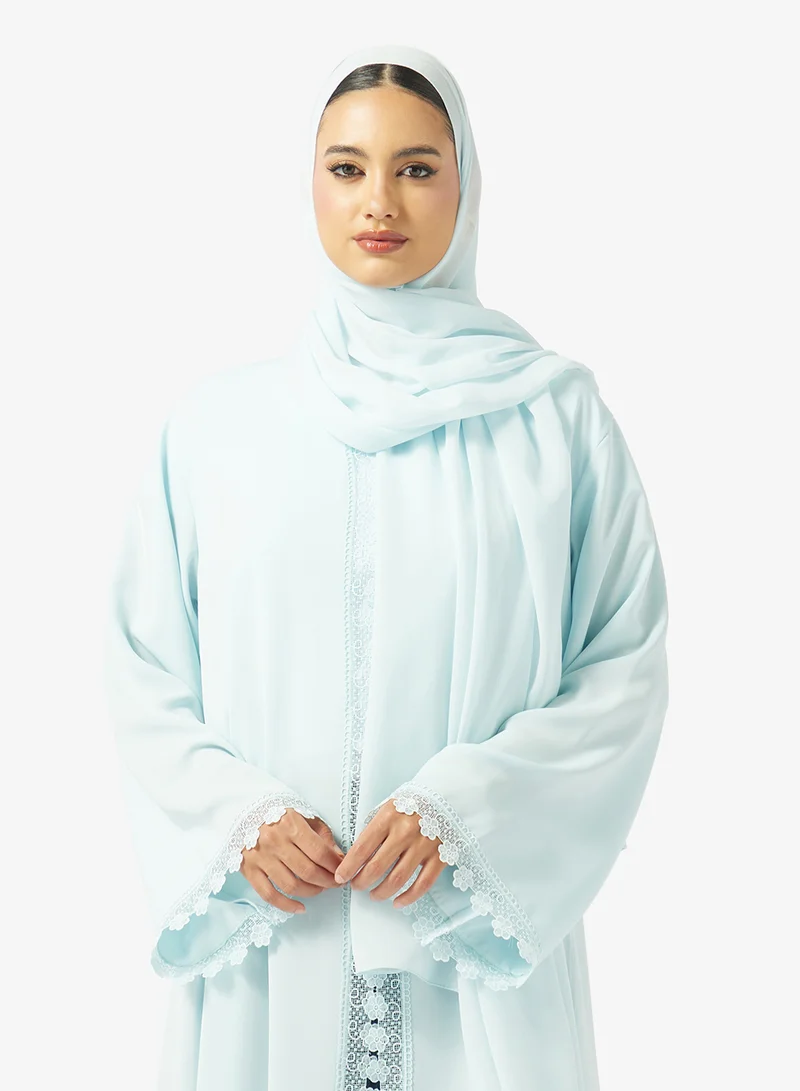 hayas closet Floral Lace Detailed Open Front V Neck Abaya