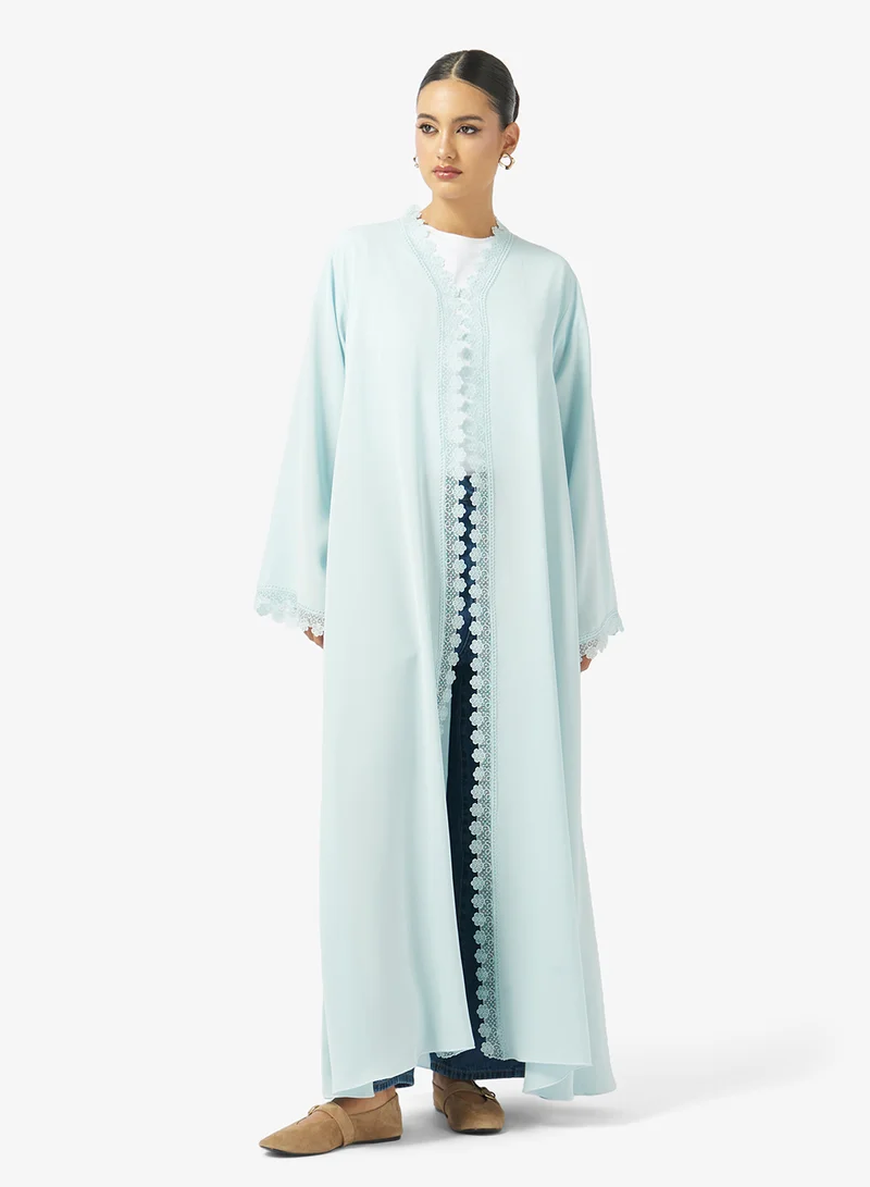 hayas closet Floral Lace Detailed Open Front V Neck Abaya