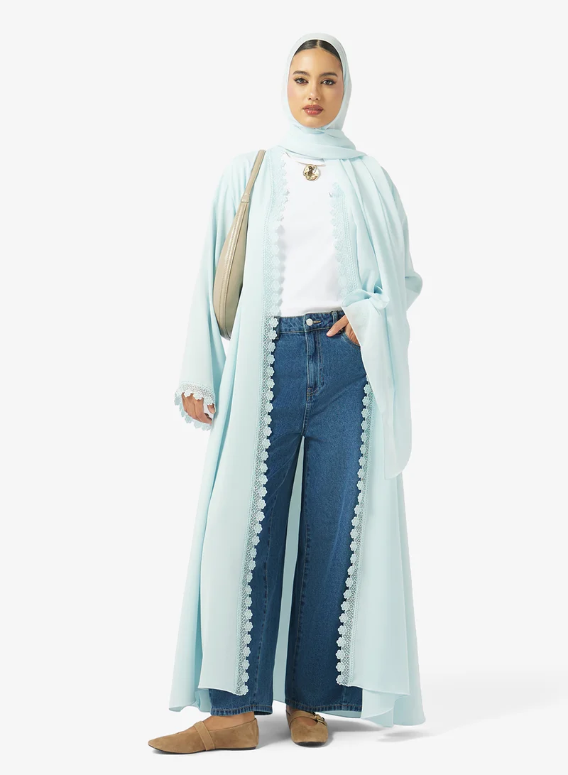 hayas closet Floral Lace Detailed Open Front V Neck Abaya