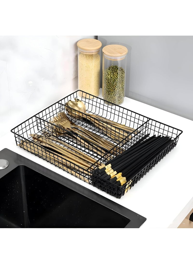 هابي هوم صينية منظم أدوات المائدة السلكية 4 أقسام – لتنظيم الملاعق والشوك والسكاكين وأدوات المطبخ، خفيفة الوزن وقوية، تحافظ على الأدراج مرتبة ونظيفة، مناسبة أيضًا لتنظيم أدوات الخياطة أو الأدوات المكتبية33*27سم -أسود - Image 2