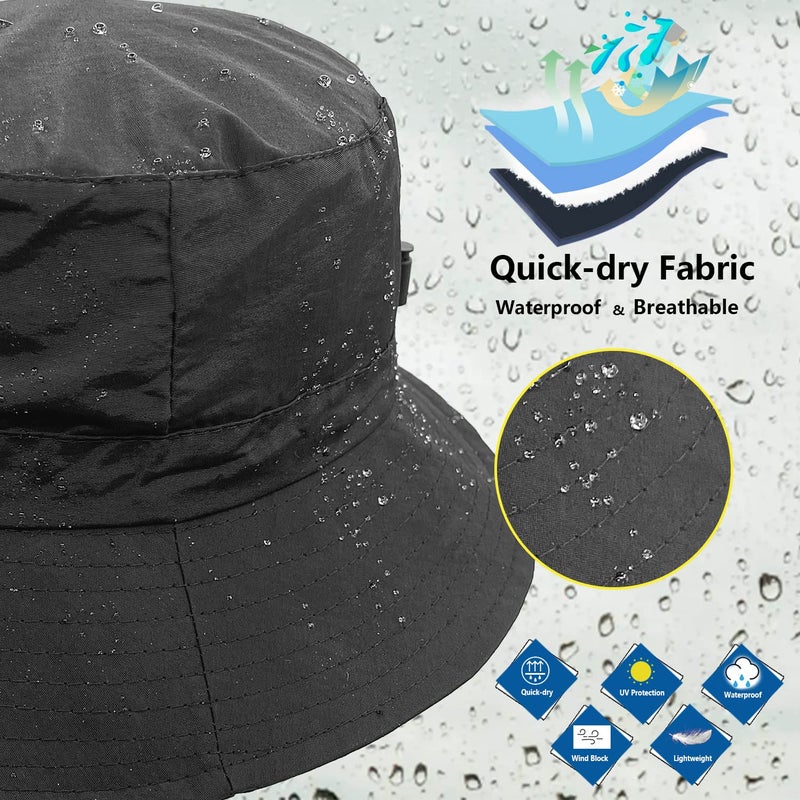 woogwin Waterproof Bucket Rain Hat with Chin Strap Quick Dry Packable Boonie Sun Hat Safari Hat UV Protection(Black) - Image 3