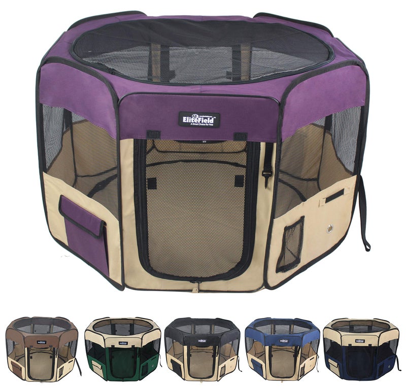 EliteField 2Door Soft Pet Playpen 2 Year Warranty Exercise Pen Multiple Sizes and Colors Available for Dogs Cats and Other Pets 62 x 62 x 30H PurpleBeige