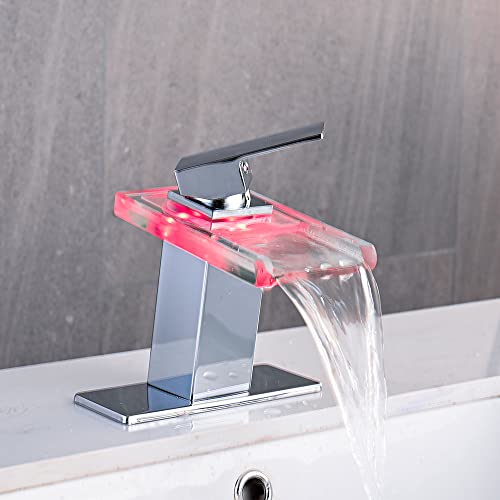 AVSIILE LED Bathroom Sink Faucet, Chrome Waterfall Single Hole Handle Vanity Faucets for Sinks 1 Hole with Metal Pop Up Drain and 2 Water Supply Lines, Open Glass Spout - Image 2