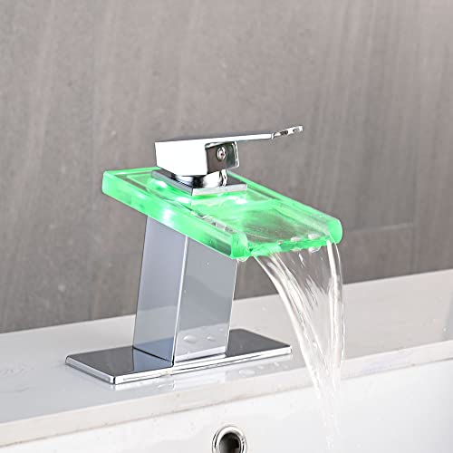 AVSIILE LED Bathroom Sink Faucet, Chrome Waterfall Single Hole Handle Vanity Faucets for Sinks 1 Hole with Metal Pop Up Drain and 2 Water Supply Lines, Open Glass Spout - Image 3