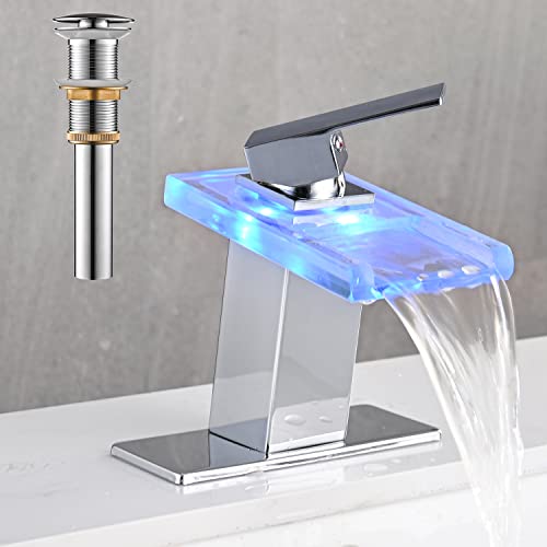 AVSIILE LED Bathroom Sink Faucet, Chrome Waterfall Single Hole Handle Vanity Faucets for Sinks 1 Hole with Metal Pop Up Drain and 2 Water Supply Lines, Open Glass Spout - Image 1